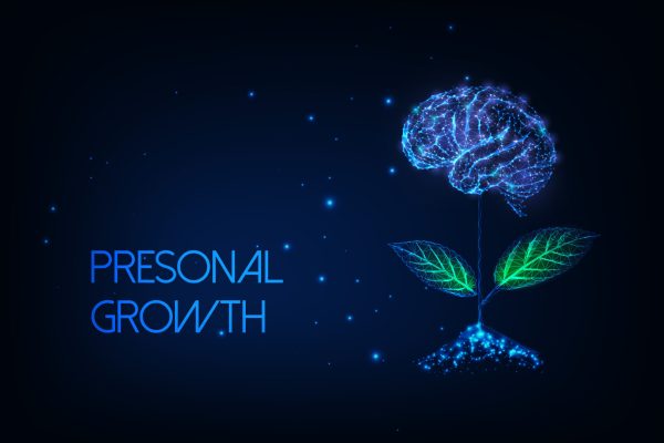 Futuristic personal growth concept with glowing low poly plant with brain as a flower on dark blue